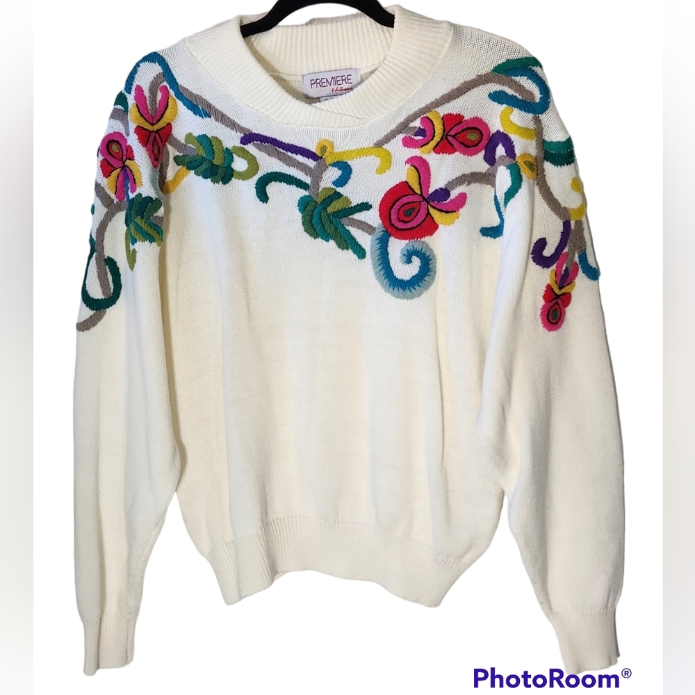 Vintage 80s cream sweater colorful Floral embroidery Women's XL